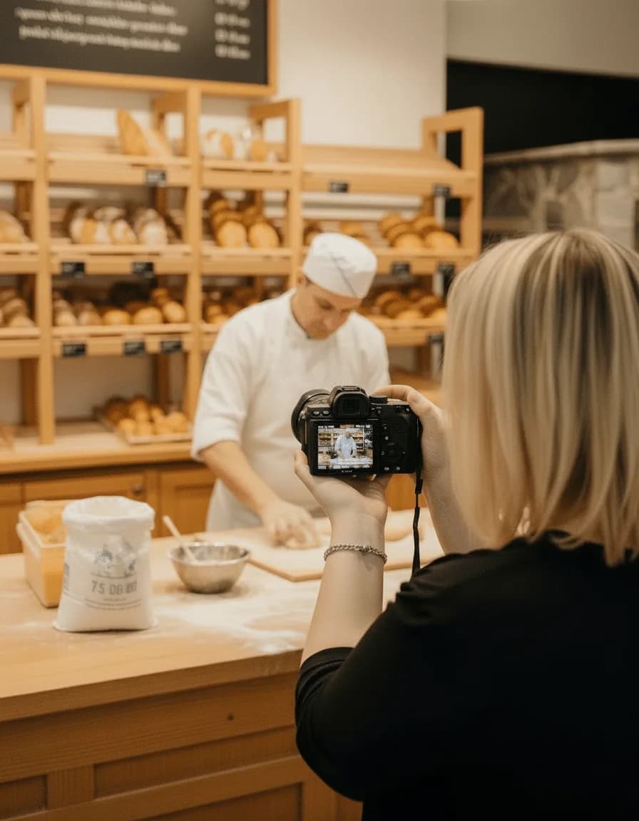 Eva fotografiert einen Bäcker in der Backstube