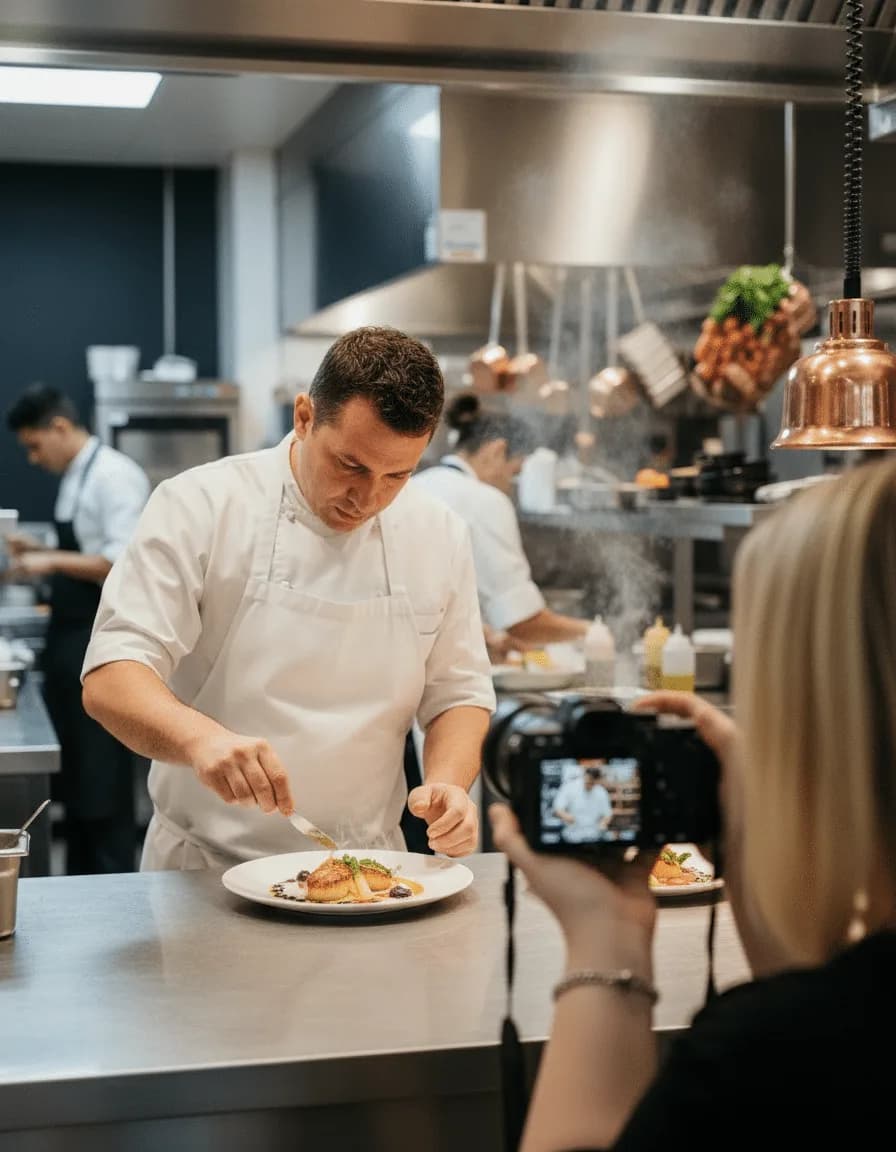 Eva filmt einen Koch in der Restaurantküche