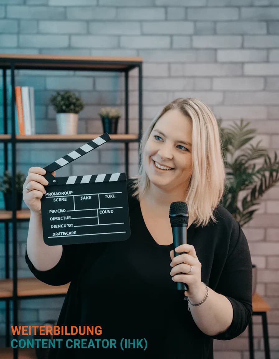Eva Czaja mit Filmklappe und Mikrofon – Weiterbildung Content Creator (IHK)