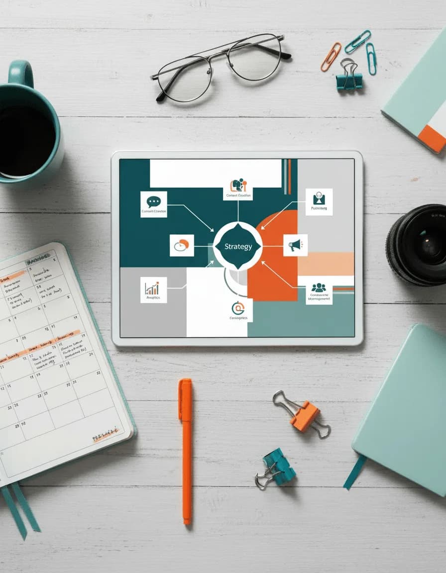 Schreibtisch mit Tablet, auf dem eine Social-Media-Strategie zu sehen ist