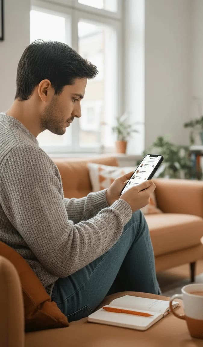 Mann auf dem Sofa entdeckt ein Jobangebot auf dem Smartphone